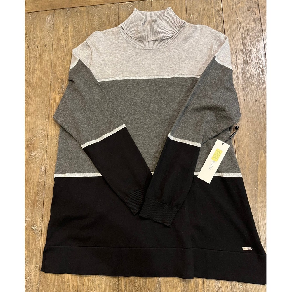 Calvin Klein Womens XL Colorblock Turtleneck Sweater Grey Black NWT Classy